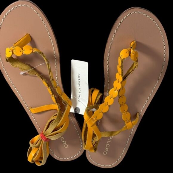 Anthropologie Pilcro Yellow Leather Ankle Tie Up Thong Sandals Sz 8 - Picture 2 of 7